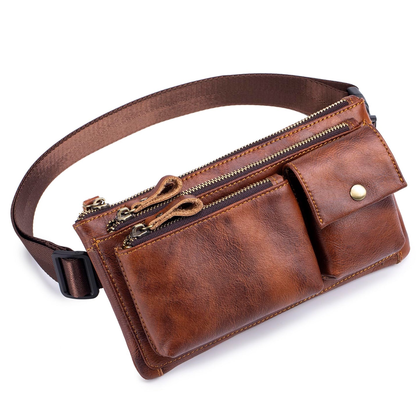 Myunxui Genuine Leather Fanny Pack Waist Bag for Men Women Clutch Bag Hip Bum Travel Pouch Sling Crossbody Chest Bags Shoulder Daypack Multiple Pockets Waist Pack Brown