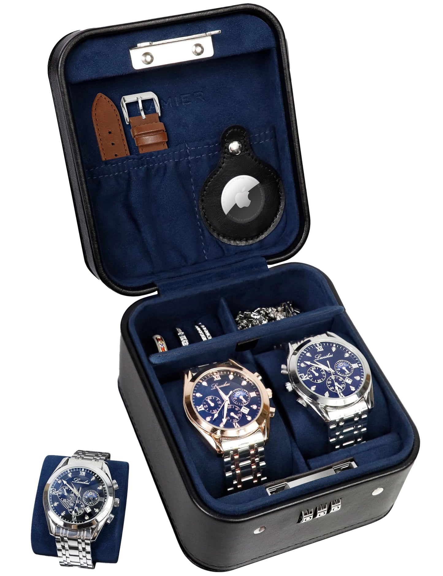 KAMIER Watch Travel Case with Combination Lock - 2 Watch Storage and Jewelry Organizer - Watch Case for Ring and Watch Storage, PU Leather Travel Watch Case, Ideal for Gift (With Gift Box) (Black)