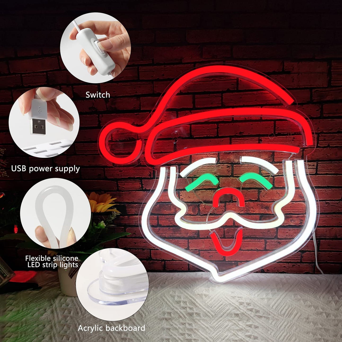Santa Claus Neon Sign, Christmas LED Neon Signs for Wall Decor,Christmas Acrylic Neon Light Signs with USB/Swicth for Bedroom Teen Girl Kid Party
