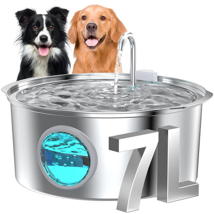 Dog Water Fountain for Large Dogs: 7L/236oz/1.8G Dog Fountain Stainless Steel - Big Cat Drinking Fountain Indoor - Super Quiet Water Fountain for Dogs Inside - for Large Dog Cats & Multi-Pet Home