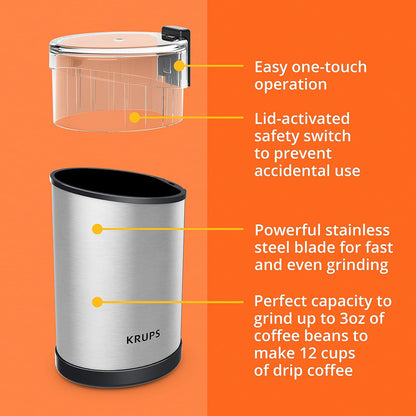KRUPS Precision Electric Coffee Grinders, 3 oz Capacity, 200W Motor, Stainless Steel Blades for Uniform Grinding of Beans, Herb and Nuts, Coffee and Spice Grinder Electric, (Black)