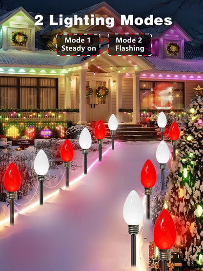 6 Pack Large C9 Christmas Decorations Outdoor, Waterproof C9 Christmas Lights Plug in with 2 Modes and Timer, Pathway Lights for Party Indoor Yard Patio Walkway Garden Xmas Decoration (Red and White)