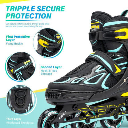 2PM SPORTS Vinal Girls Adjustable Flashing Inline Skates, All Wheels Light Up, Fun Illuminating Skates for Kids and Men - Cyan Small (11C-13C US)