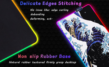 MEWOOCUE Gaming Laptop Mouse Pad,Sea Wave Big Mice Pads PC Keyboard Waterproof and Non-Slip 31.5 x 11.9 0.12" Thick XL,XXL Rubber Table Mat, RGB Led with 10 Lighting Modes+9 Color Changing Modes Mat