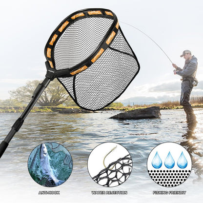 PLUSINNO Fishing Net Fish Floating Landing Net, Kayak Nets with Fixed Foldable Telescopic Pole Handle,Bass Trout Fishing Nets with Nylon Mesh for Pond Lake River,Fishing Gear Gifts for Men Orange 1.0M