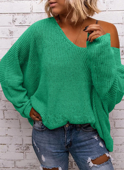 BZB Women's V Neck Long Sleeve Knit Loose Oversized Pullover Sweater Top