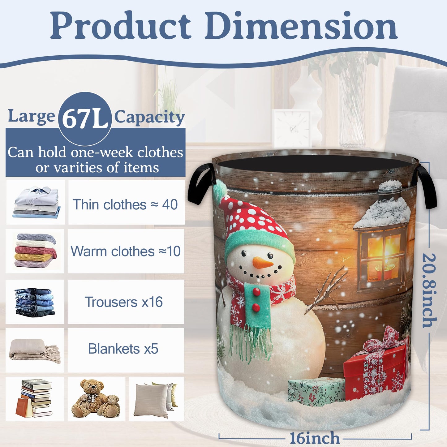 Christmas Laundry Basket,Oxford Cloth Snowman Laundry Hamper With Handle Foldable Portable Clothes Storage Basket for Laundry Room/Bedroom/Bathroom 20.8"x16"