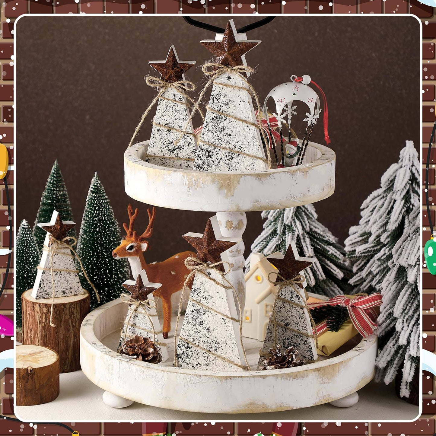 Bucherry 6 Pcs Wooden Christmas Tree Tabletop Decoration Christmas Trees Table Centerpieces Rustic Tiered Tray Decor with Iron Star Hemp Rope for Table Home Decor Xmas Holiday Sign