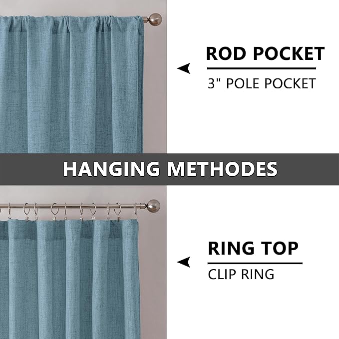 Tollpiz Linen Curtain Bedroom Rod Pocket Semi Sheer Curtains Burlap Light Filtering Thick Linen Drape for Living Room, 54 x 63 inches Long, Dusty Blue, Set of 2 Panels