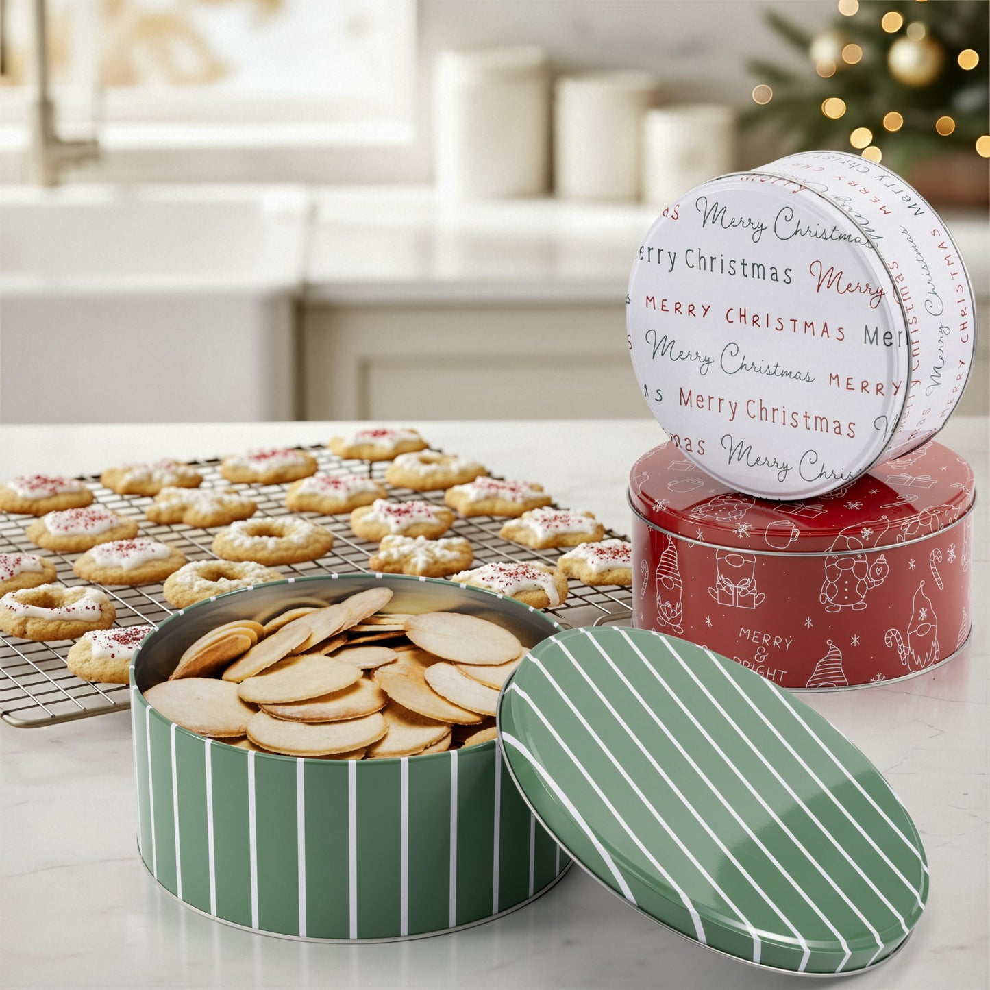 Beautiful Christmas Cookie Tins Set Of 3 - Cute Containers Are Perfect To Share Delicious Homemade Cookies, Candy Or Cupcakes With Friends & Family - Sturdy Boxes With Lids For Holiday Gift Giving