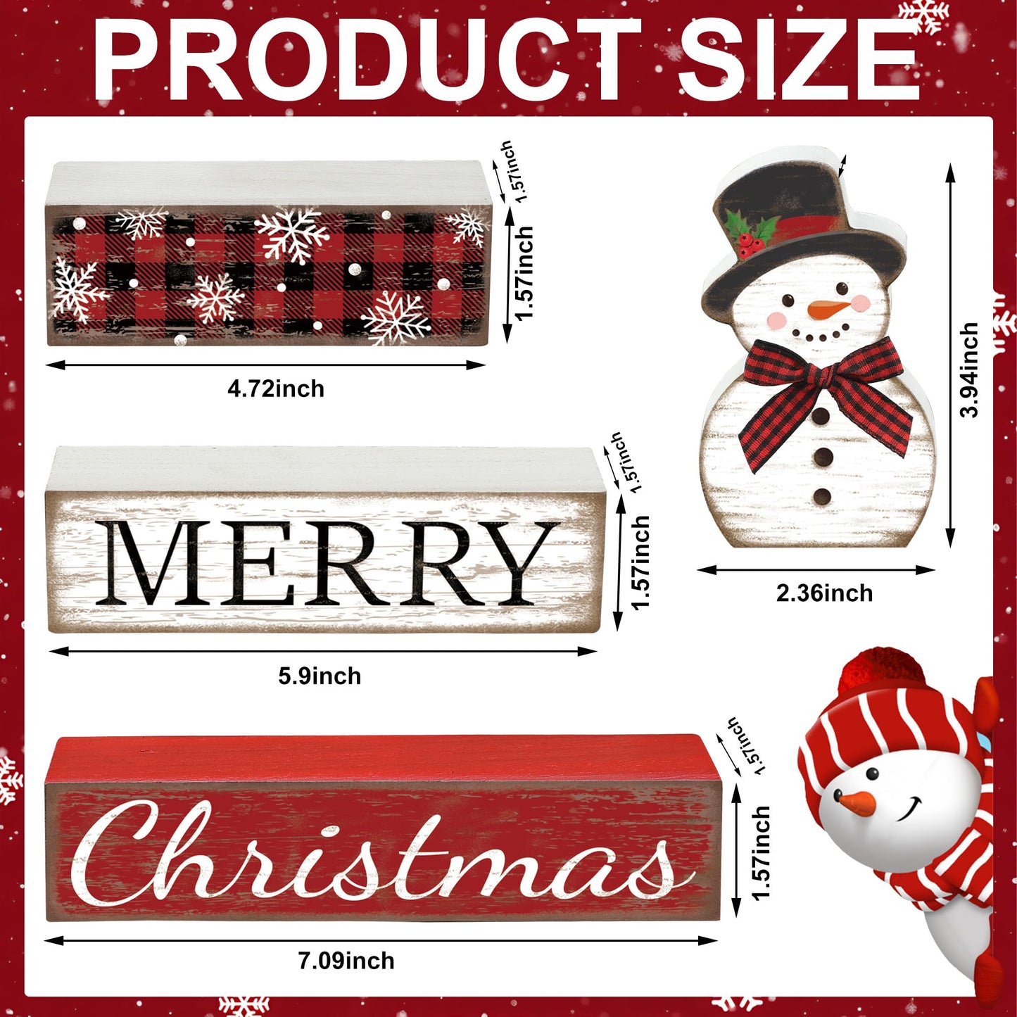 4 Pcs Christmas Table Decoration Snowman Wooden Block Merry Christmas Wood Centerpiece Xmas Red Buffalo Plaid Tabletop Sign Xmas Rustic Farmhouse Tiered Tray Decor for Winter Party Home Shelf Decor