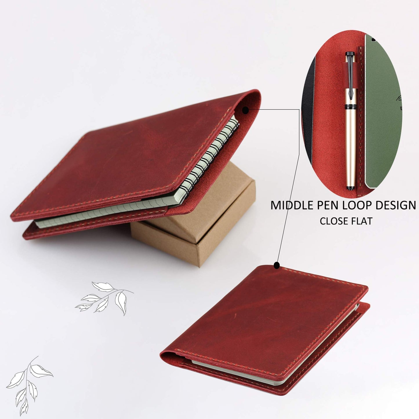 Fasjosma Leather Cover Compatible with Rite in the Rain & Rocketbook Mini Notebooks, Top Bound Spiral Notebook Cover, Leather Cover for 4'' x 6'' Pocket Notepad With Pen Holder - WINE