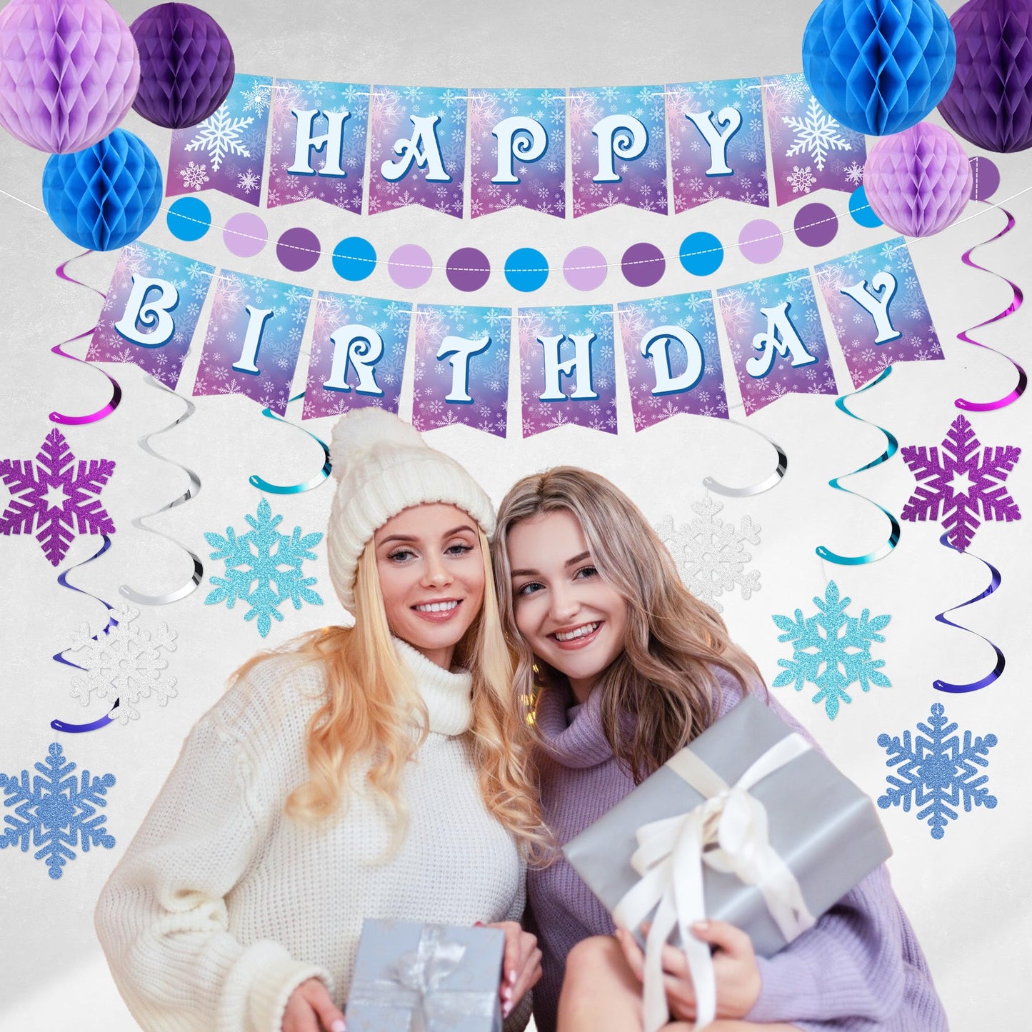 Frozen Birthday Party Decorations Happy Birthday Banner Honeycomb Balls Snowflake Hanging Swirls Streamers Circle Garland Decoration Winter Holiday Party Decorations for Christmas