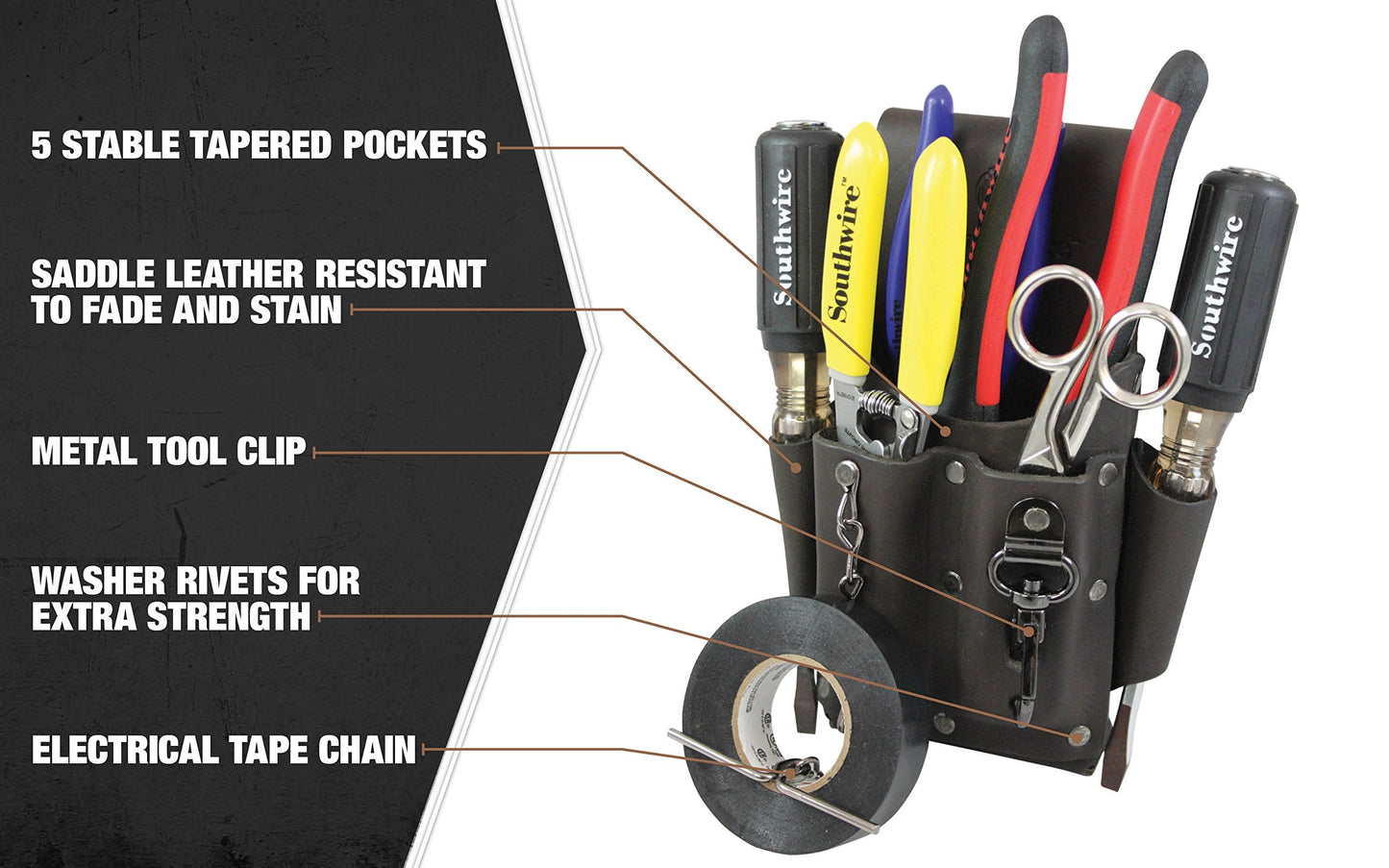 Southwire POUCH4 Leather Tool Pouch; 5 Pocket Pouch with Electrical Tape Chain; Fade Resistant; Durable Compartments; Washer Rivets; Includes Metal Tool Clip; Dark Brown