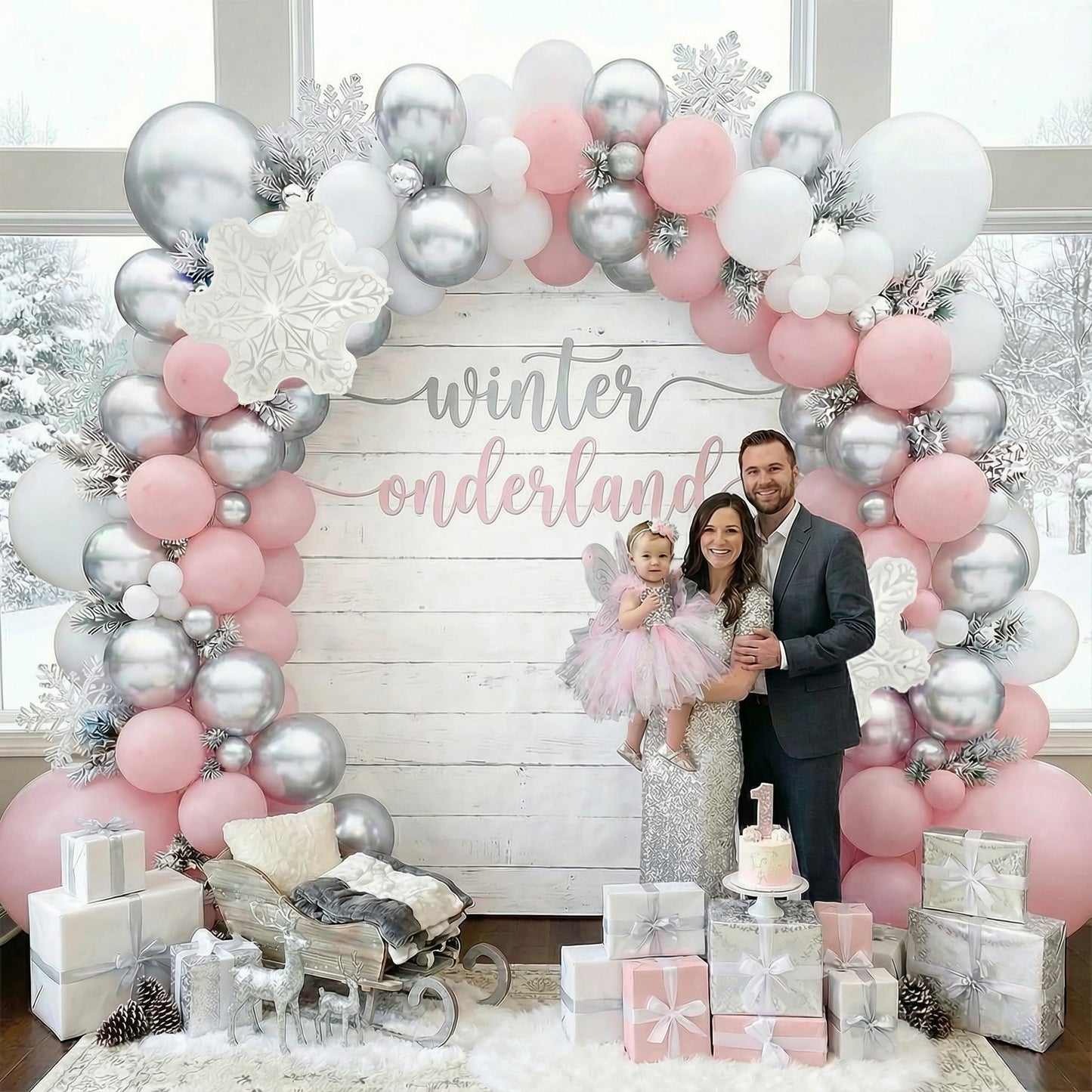 PartyXpress 144PCS Pink Winter Balloon Arch Garland Kit with White Silver Snowflake Star Balloons for Winter Wonderland Girl Baby Shower, Baby Its Cold Outside Party, Christmas Decorations