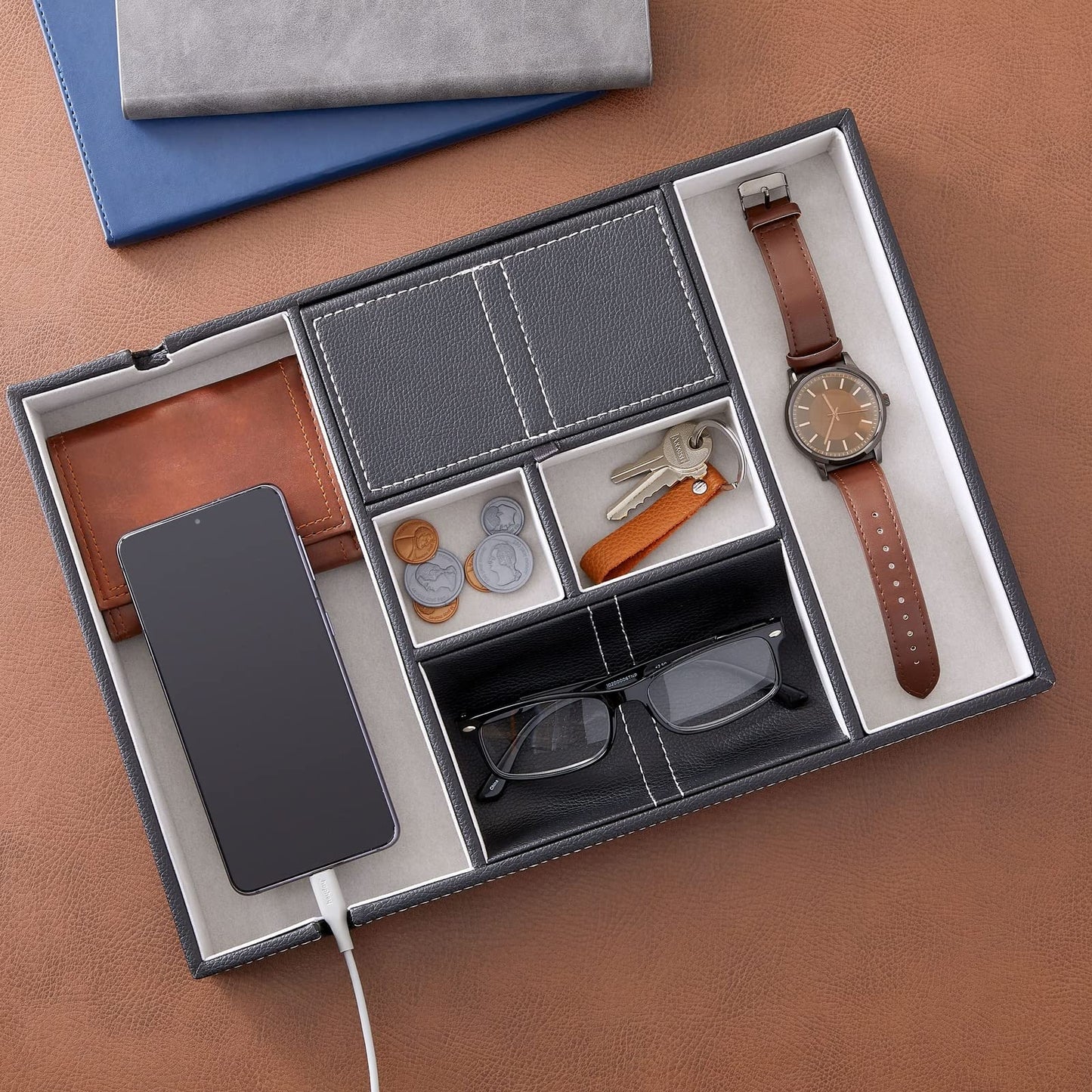 Juvale Nightstand Organizer Tray - 14 x 10 x 1.5 in, Black Faux Leather - Valet Tray for Men with 6 Compartments for Watch, Jewelry & Keys