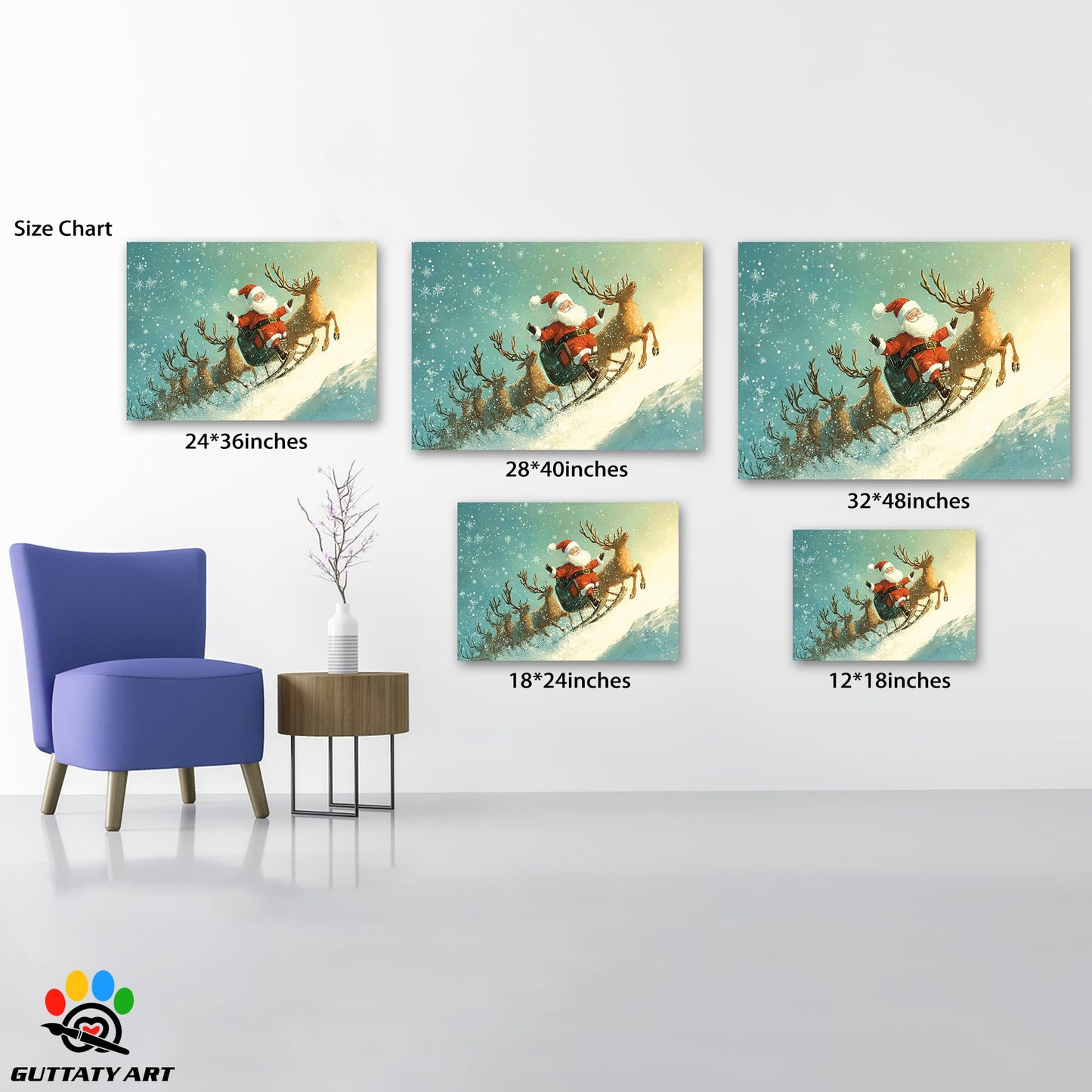 GUTTATY Christmas Canvas Wall Decor, Funny Santa Pictures Wall Art, Reindeer Animal Christmas Wall Painting, Sledges Decoration Christmas Pictures Posters for Living Room, Bedroom 18x24 Inch