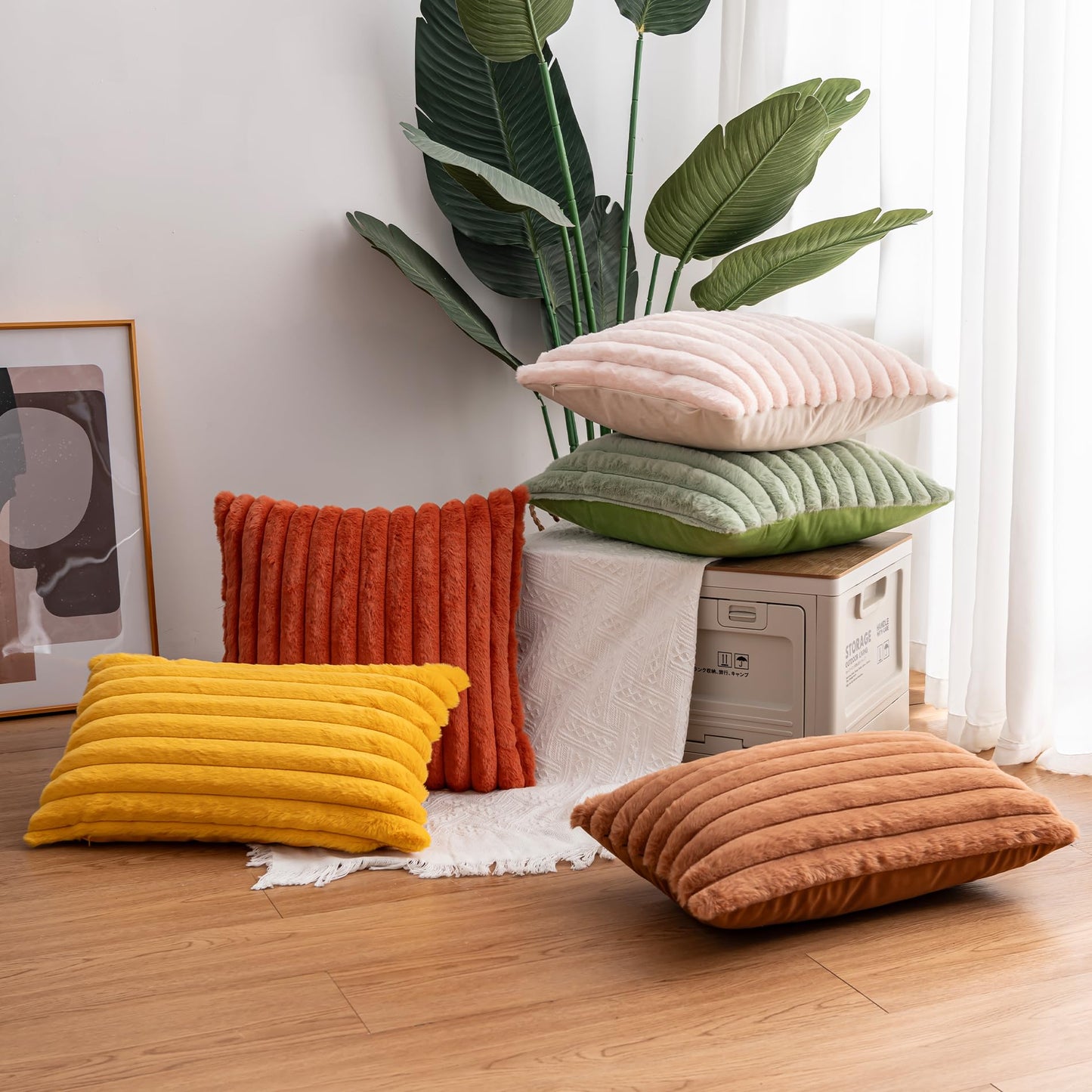 Aegero Pack of 2 Faux Fur Christmas Throw Pillow Covers 18x18 Inch, Soft Plush Striped Neutral Couch Pillow Cover, with Velvet Back Modern Home Decor for Sofa Living Room Couch Bed Red