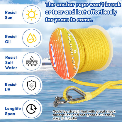 VEITHI Boat Anchor Rope 100 ft x 1/2 inch Yellow, Double Braided Anchor Line with Stainless Steel Thimble & Shackle, Marine Rope Ideal for Towing,Mooring,Decks,Anchoring,for Boats Up to 35'