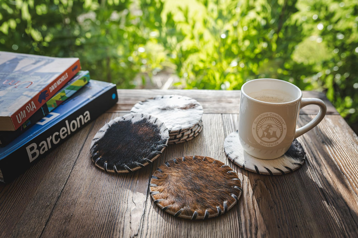 Sunshine Cowhides Natural Cowhide Coaster - 4.5" Round Assorted Tones Genuine Leather Coasters for Coffee Table, & Dining Tables, Ideal Cow Print Kitchen Accessories for Home & Office - Set of 8