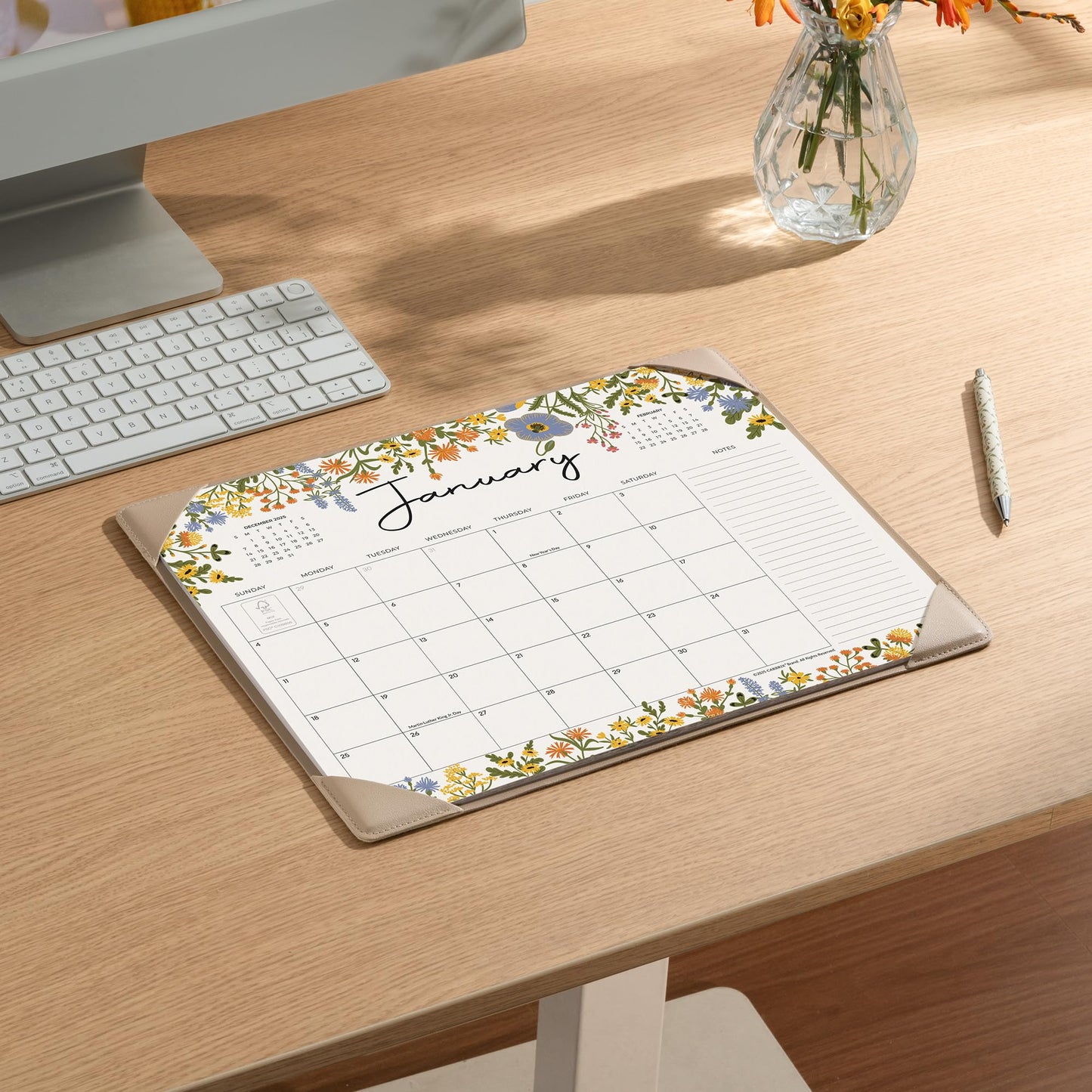 Desk Calendar 2026 with Desktop Mat, Cabbrix Desk Pad Calendar 15 x 12 Inch Runs From January 2026 to June 2027, Floral Design Calendar 2026 for Home School and Office (Apricot)
