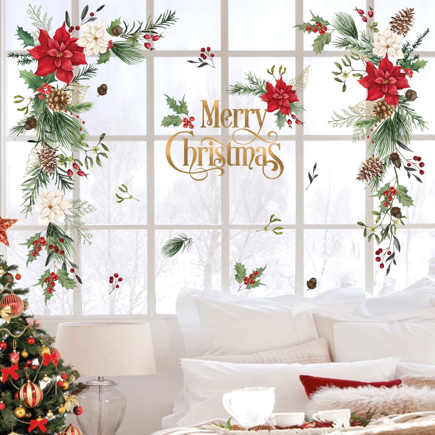 Wondever Christmas Flower Wall Stickers - Leaves and Floral Window Wall Art Decals for Xmas Party, Living Room