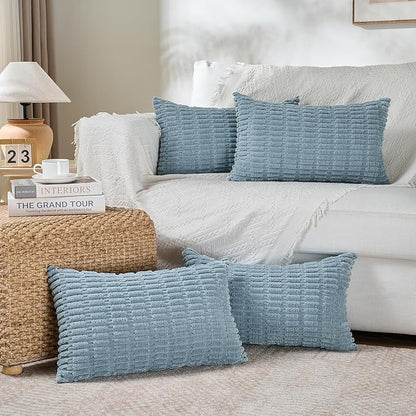 Fancy Homi 1 Pack Boho Light Blue Decorative Throw Pillow Covers 14x24 Inch for Couch Bed Sofa, Rustic Modern Farmhouse Home Decor, Soft Plush Corduroy Cute Rectangle Cushion Case 35x60 cm