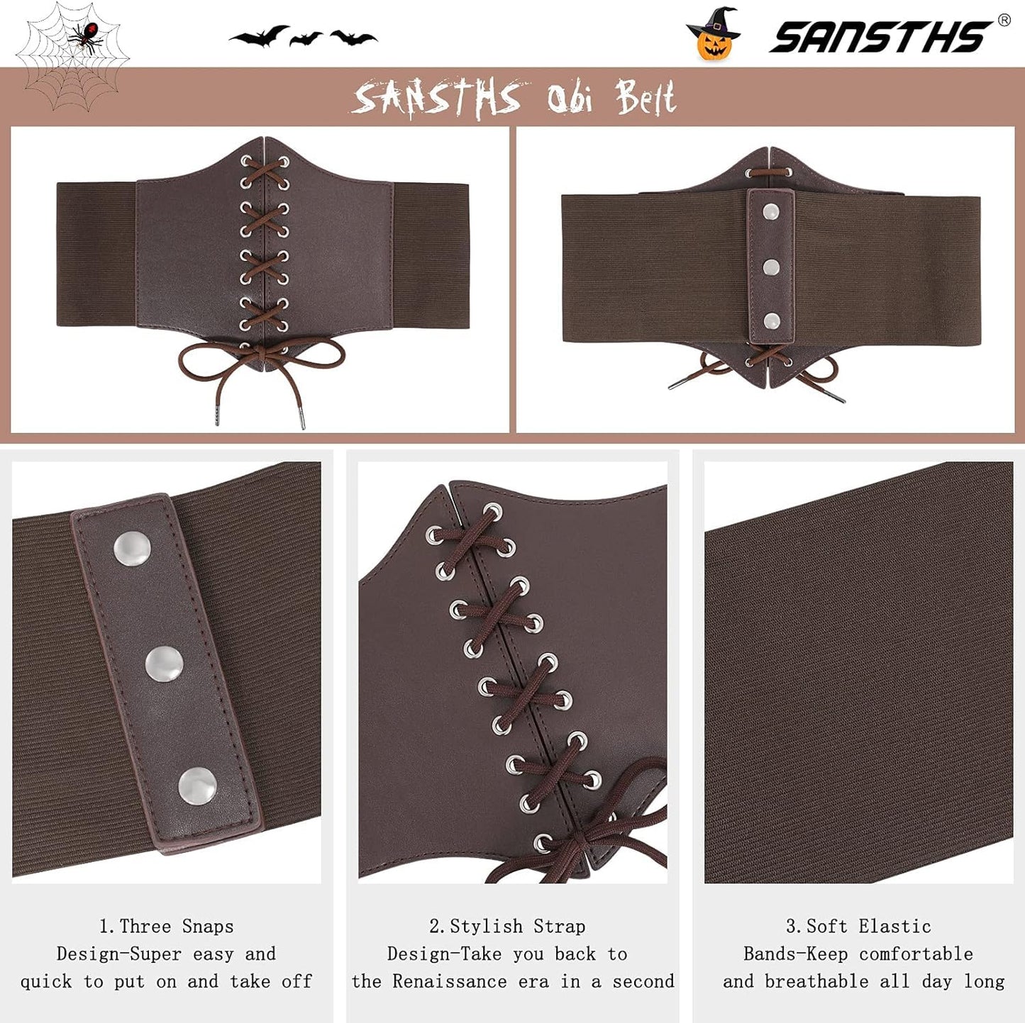 SANSTHS Wide Corset Belt for Women Lace-up Renaissance Corset Hight Waist Elastic Belt for Halloween Costume Parties Coffee M
