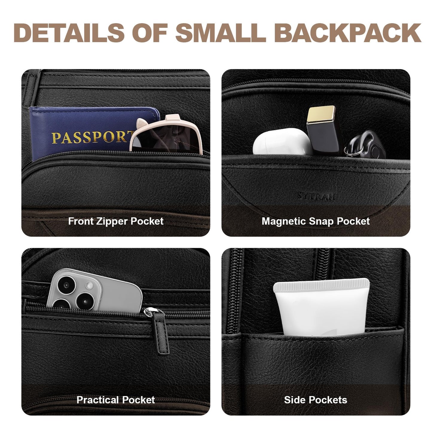 SYTRAH Small Backpack Purse for Women, Mini Backpack Vegan Leather with RFID Blocking & Tablet Pocket, Cute Shoulder Handbag for Travel, School & Work Black