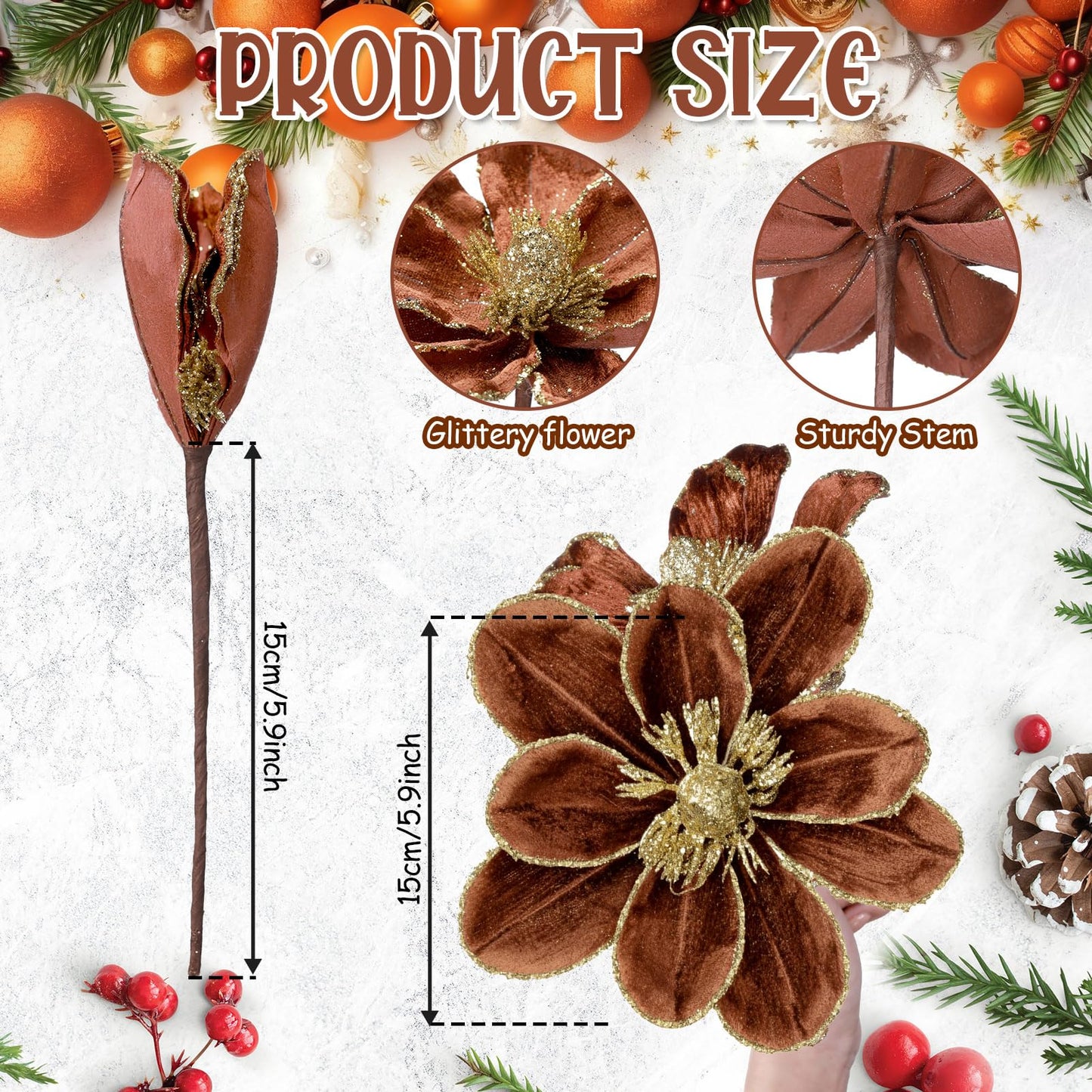 Suncalla 18 Pcs 5.9'' Large Christmas Magnolia Flower Artificial Glitter Velvet Christmas Tree Decoration Fold Xmas Ornaments for Tree Xmas Holiday Wedding Party New Year (Classic,White,Brown,Green)