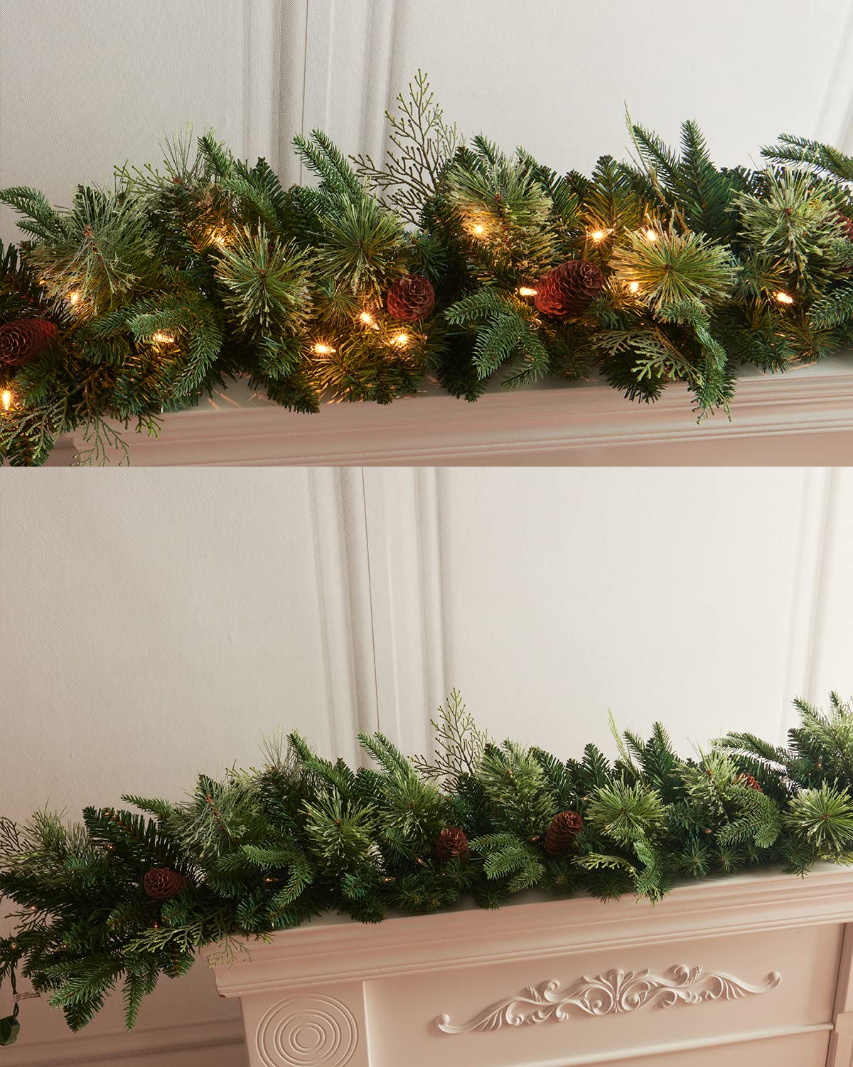 AMERZEST 9Ft Pre-lit Christmas Garland with 50 LED Lights Battery Operated,Holiday Decoration Stairs Wall Mantle Door Indoor Outdoor