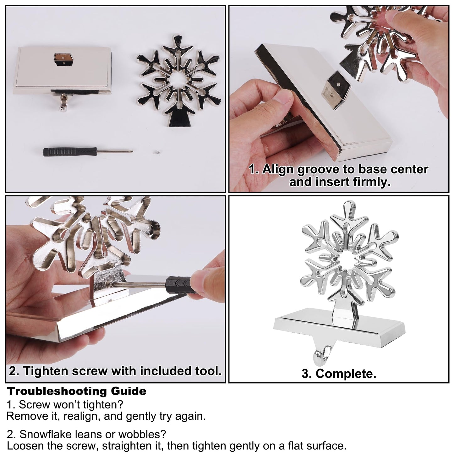 yofit 6 Pcs Christmas Snowflake Stocking Holder, Metal Christmas Stocking Hanger, 3D Sliver Stocking Hooks Non-Slip for Fireplace Mantel Window Christmas Home Xmas Party Decor