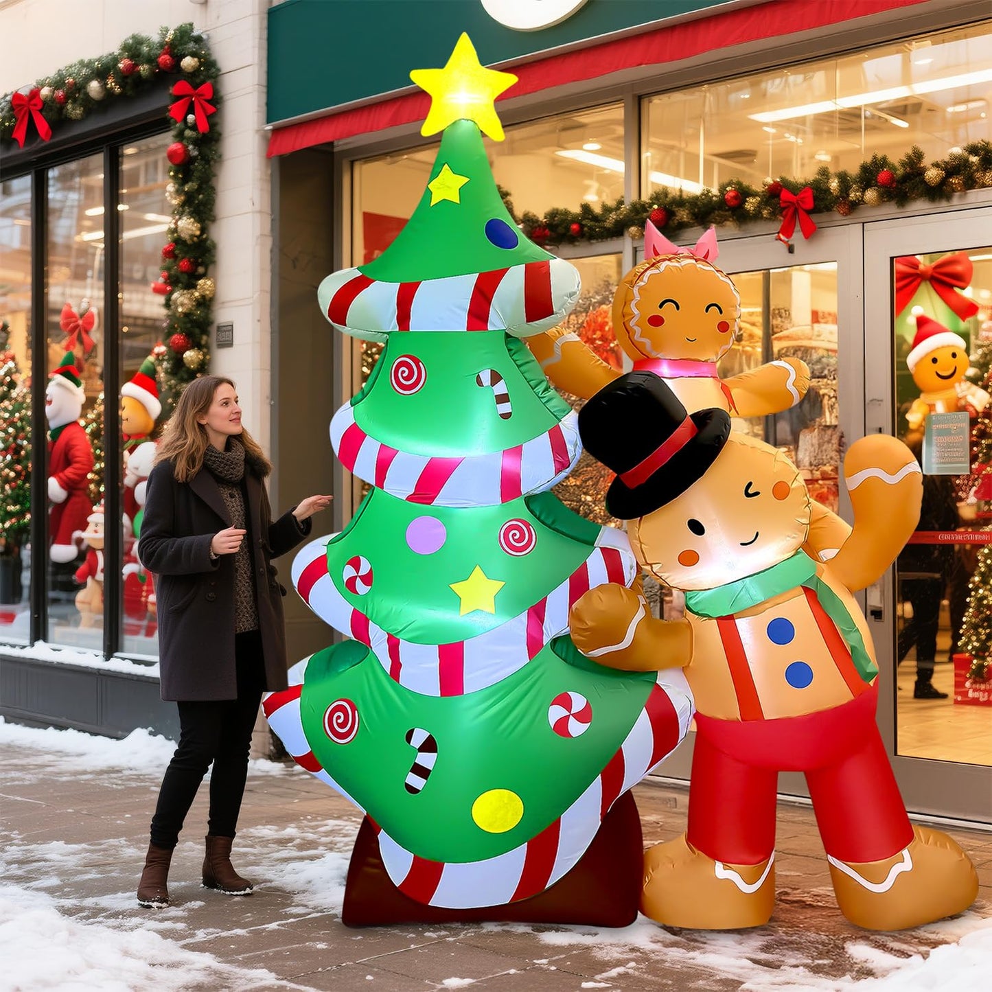 GVDV 8FT Inflatable Christmas Tree with Gingerbread Man Clearance,Giant Outdoor Christmas Inflatables Decoration with Bright LED Lights,Fast Blow Up Christmas Lawn Inflatables with Stakes & Sandbags