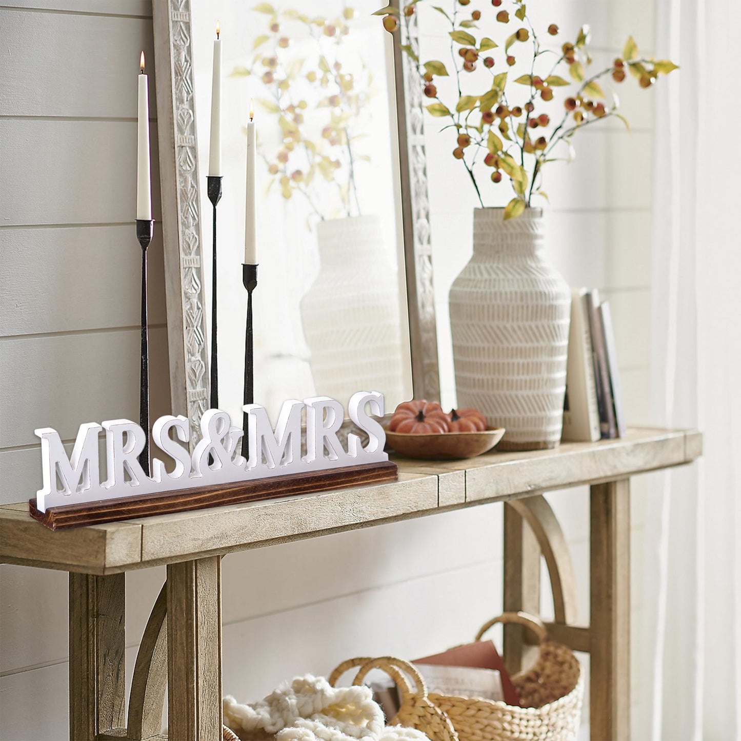 Sintosin Rustic Mrs and Mrs Wedding Decor Sign for Table 16 Inch, Handmade Distressed White Wooden LGBT Signs for Home Decor, Farmhouse Lesbian Wedding Reception Decorations Valentine