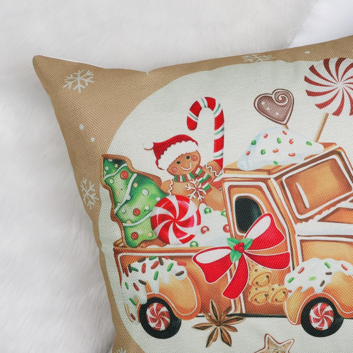 Bonhause Christmas Gingerbread Throw Pillow Covers 18x18 Inch Man House Truck Xmas Bakery Decorative Pillows for Couch Sofa Home Winter Holiday Decor Set of 4