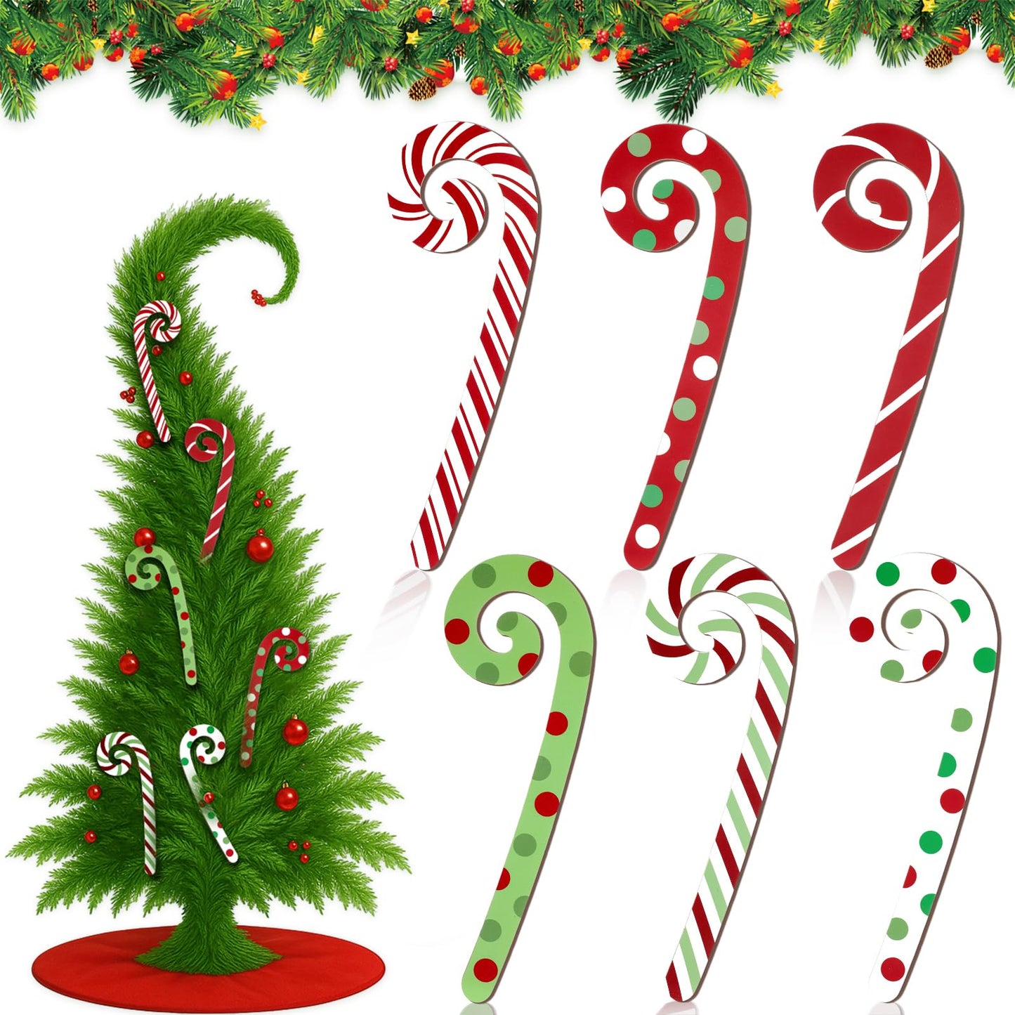 Yalikop 6 Pcs Large Christmas Candy Canes Decoration 15.75'' Wooden Red Green White Polka Dots Stripes Ornament Lollipop Candy Cane Ornaments for Christmas Tree Xmas Crafts Party Decor (Lovely)