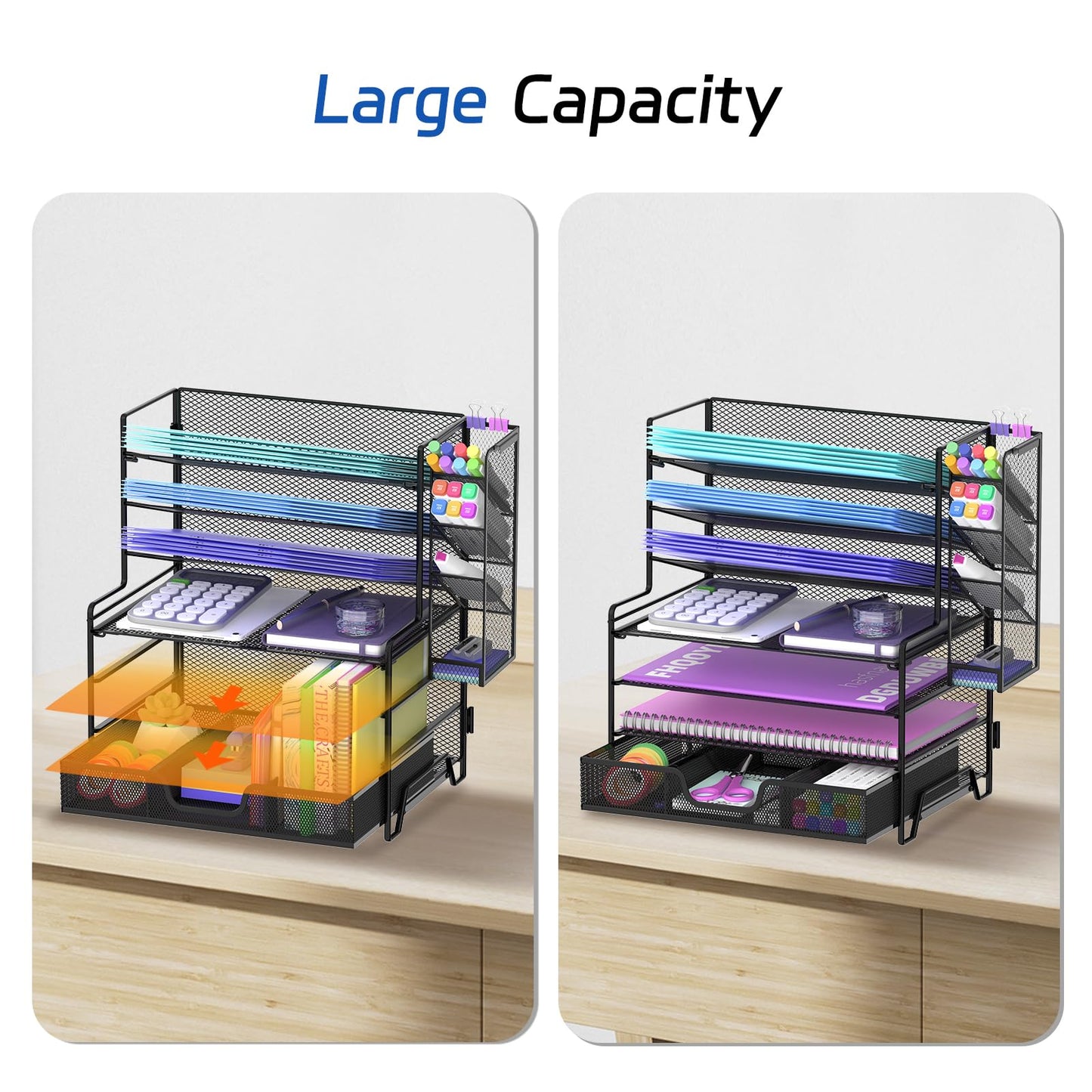 ReePlan 4 Tier Desk Organizer + 3 Tier File Holder + 4 Pen Holders + Drawer, 7 Tier Desk File Organizers, Desk Organizers and Accessories for Office Home School, Black