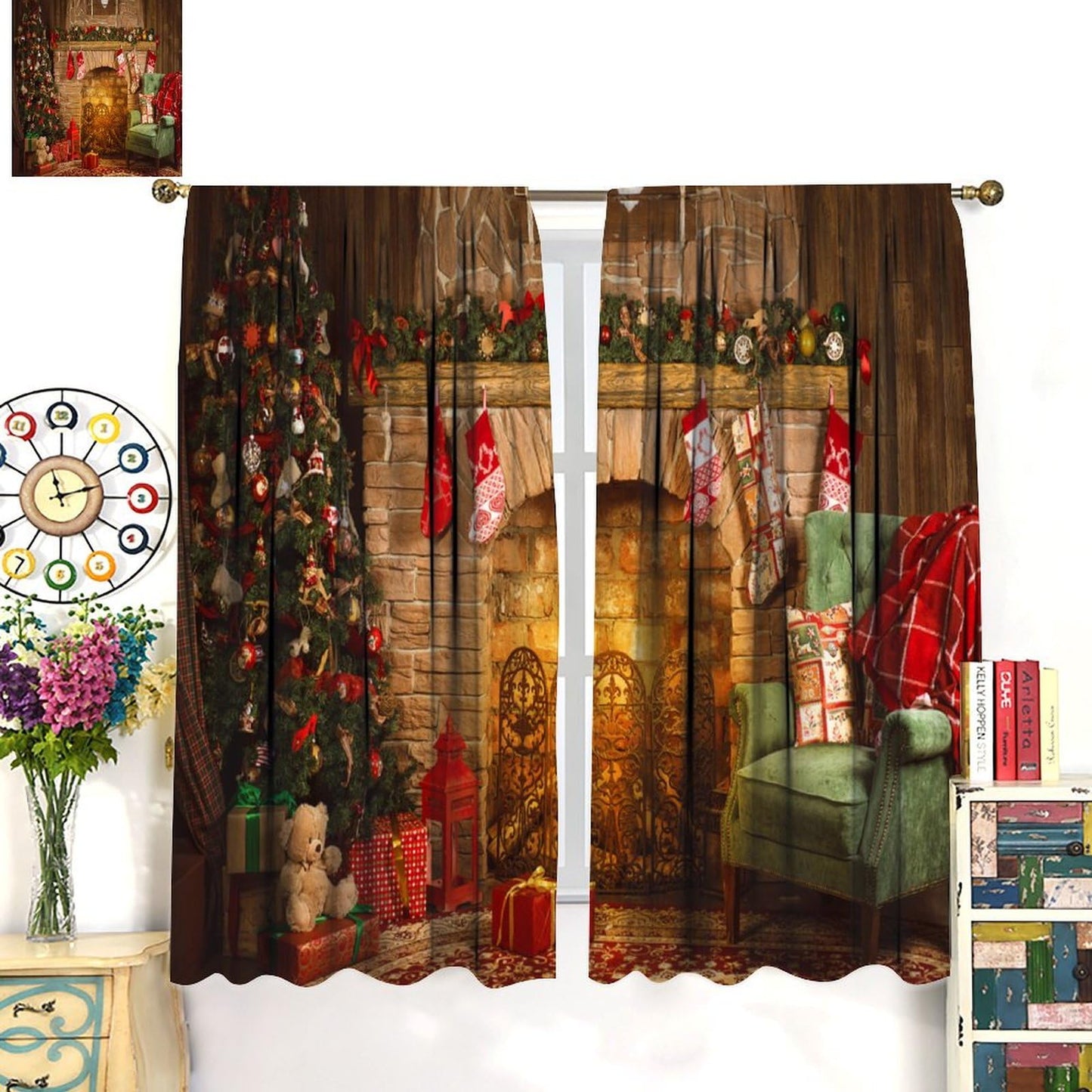FengMingRui Christmas Window Curtain for Bedroom Fireplace Printed Window Treatment Winter Holiday Christmas Decor Window Drapes 42" W X 45" L
