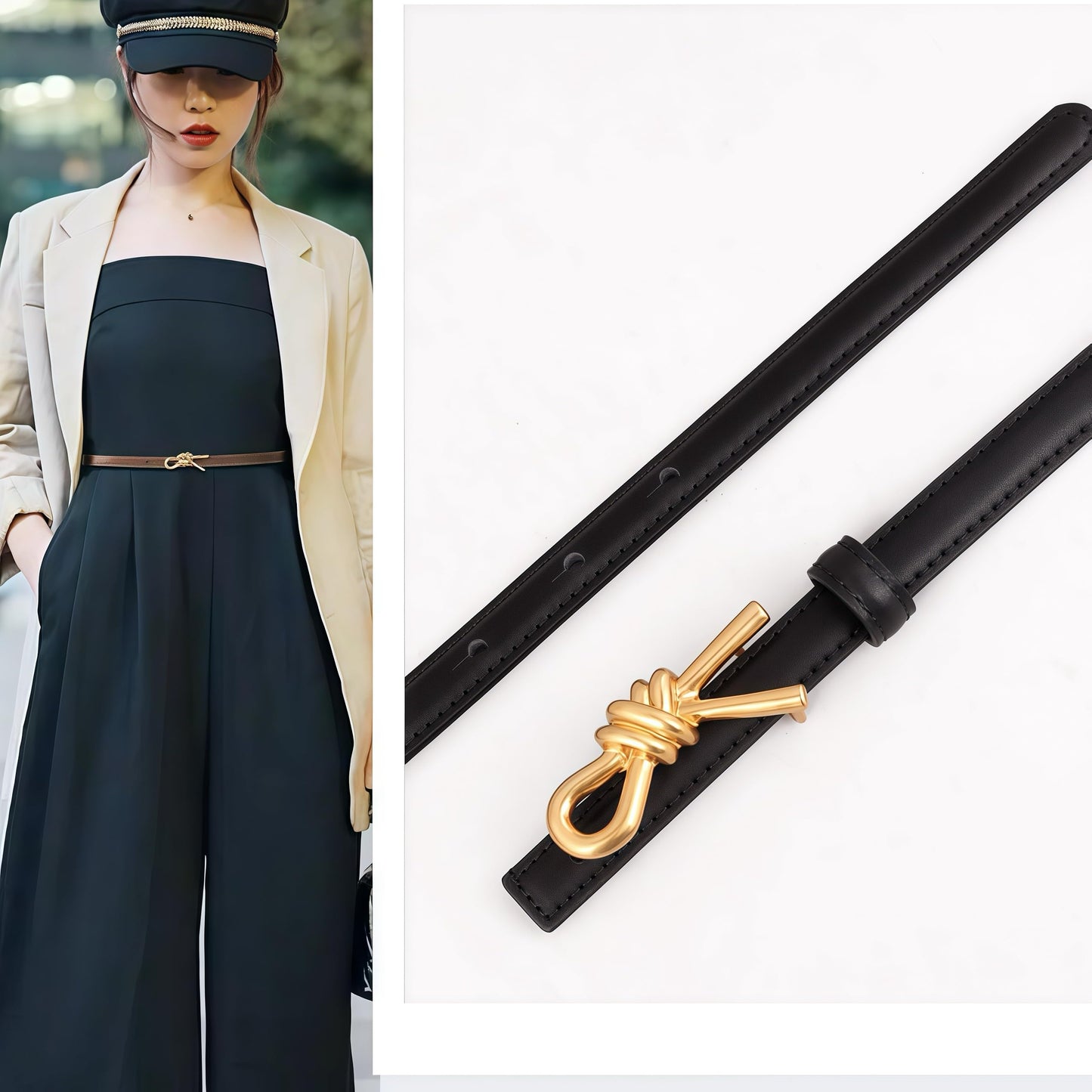 Skinny Leather Belt with Gold Bow Knot Buckle, Black, Dress Belt for Women (Black)