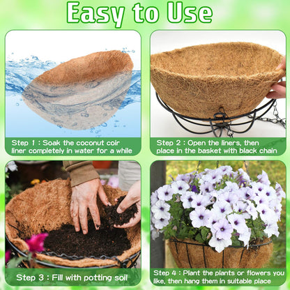 ZeeDix Hanging Baskets for Plants Outdoor-3 Pack 12 Inch Hanging Planters with Coconut Liners, Metal Round Hanging Planter for Flowers Vegetables