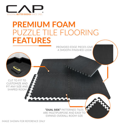 CAP Barbell 1-Inch Interlocking EVA Foam Exercise Puzzle Mat Home Gym Flooring - 3 Pack | 24" x 24" x 1" | T Pattern - Black