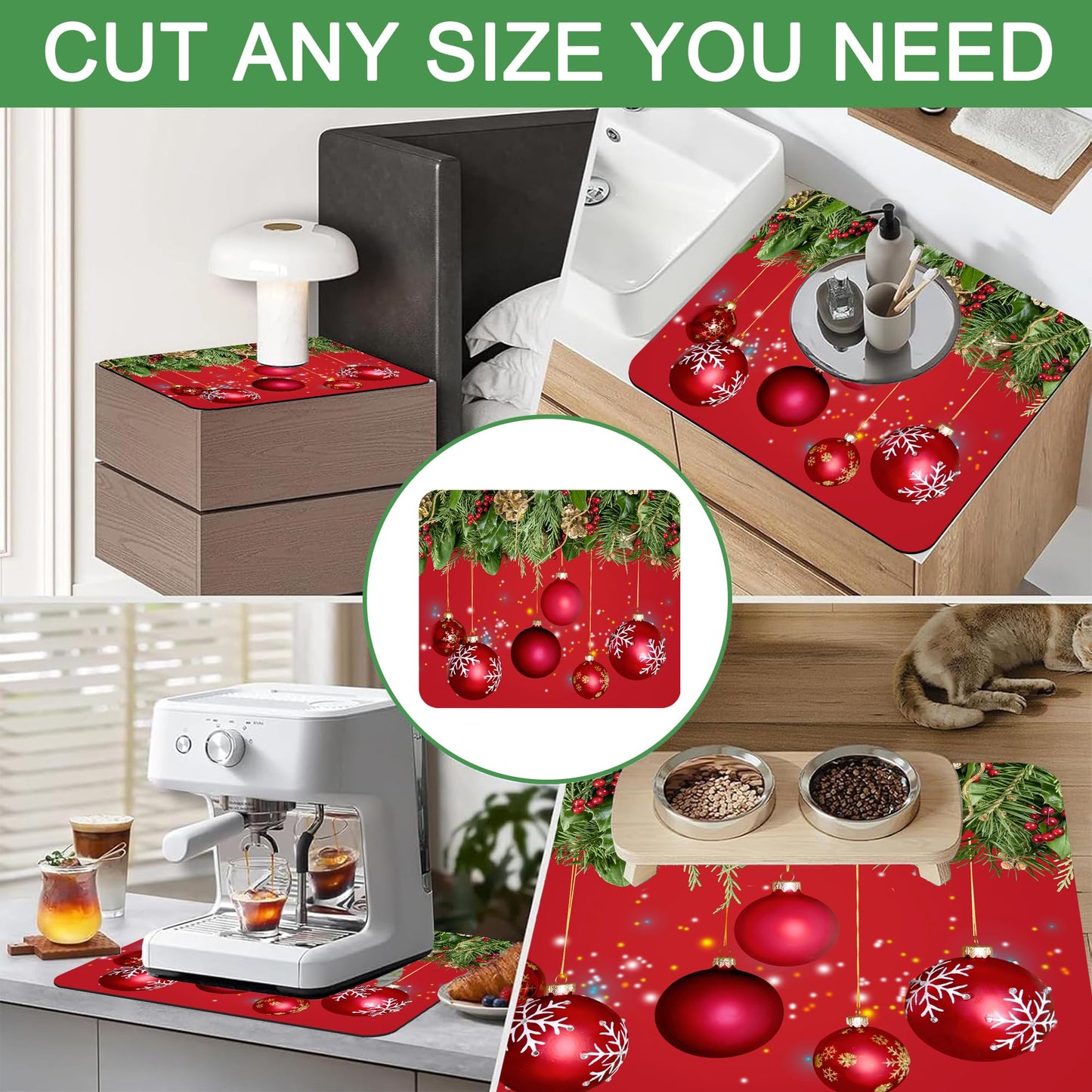 Christmas Fir Twigs and Red Balls Washer and Dryer Covers For The Top, Non-slip Fast Drying Absorbent Dryer Top Protector Mat for Kitchen Laundry Room Decor,23.6"x19.7"