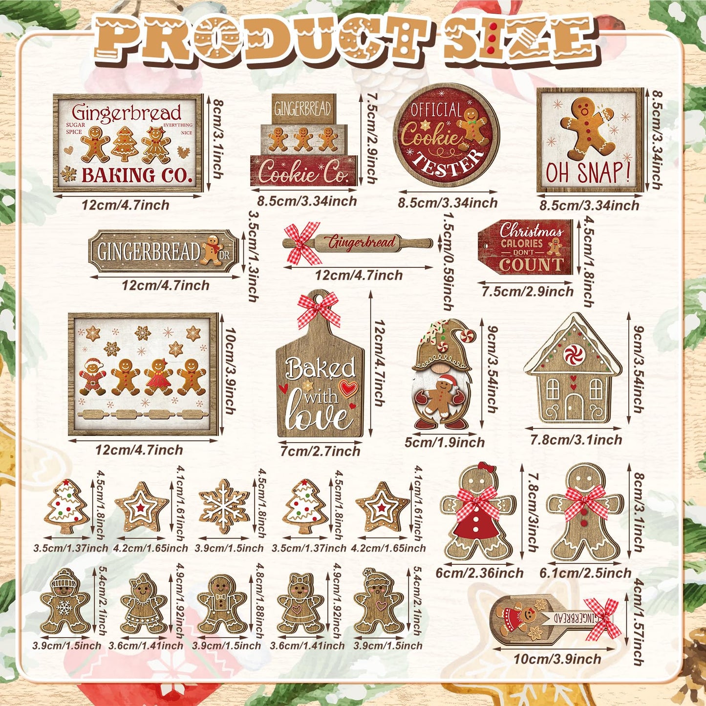 Shellwei 24 Pcs Christmas Tiered Tray Decor Set Wood Rustic Gingerbread Christmas Decoration Winter Farmhouse Decor Xmas Trees Gnome Elk Snowflake Signs for Table Shelf Home Centerpiece (Cute)