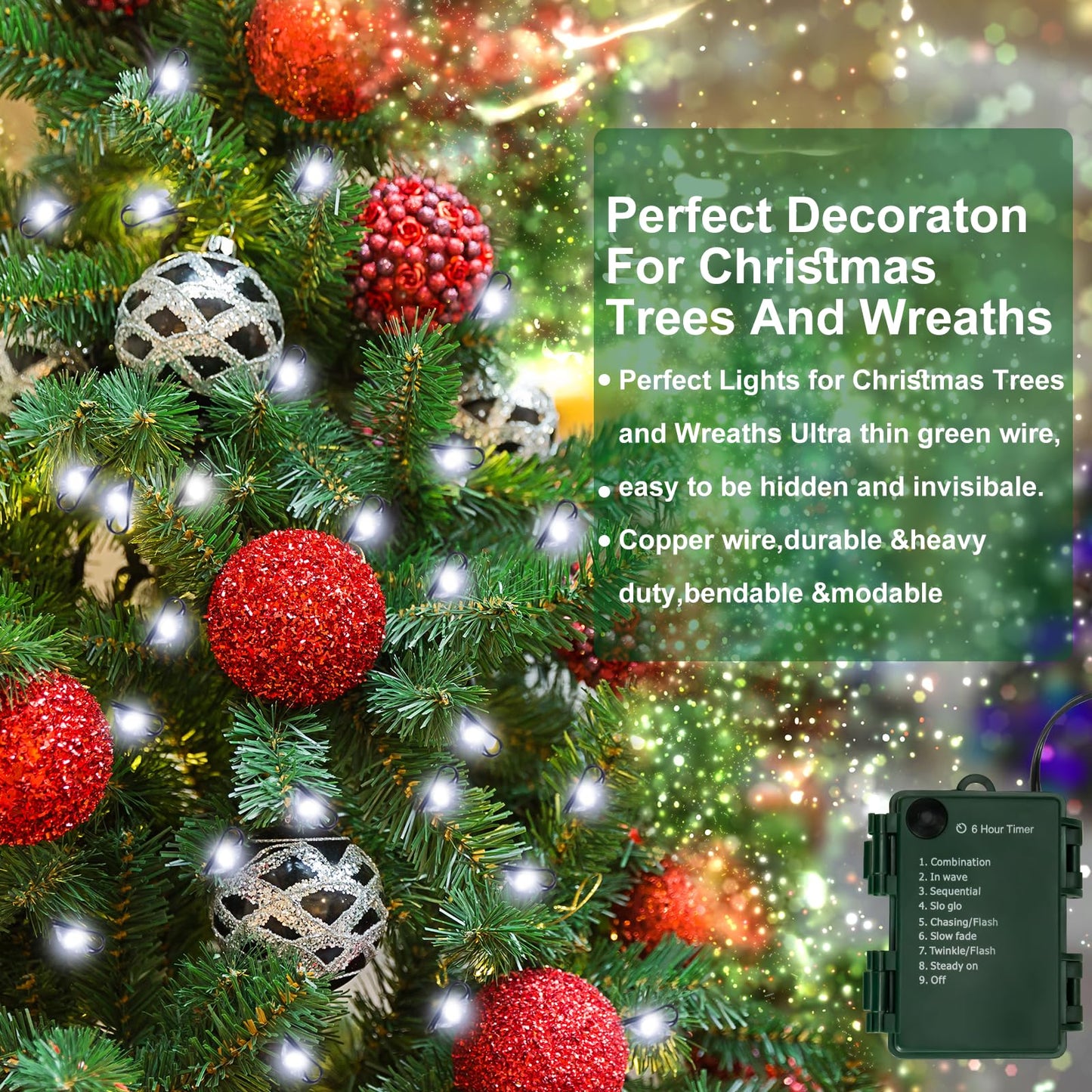 FairyGlim Battery Operated Christmas Lights, 20FT 200 Micro LEDs Fairy Lights with 8 Modes and Timer, Green Copper Wire for Indoor Outdoor Christmas Tree Wreath Garland Garden Party,Cool White
