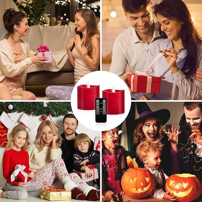 Red LED Pillar Candles, 3inch - Battery Operated with Remote Timer, Flickering Flame, Lasts Over 600 Hours, Perfect for Christmas and Halloween Deco (Red, 3"*3"-2pcs)