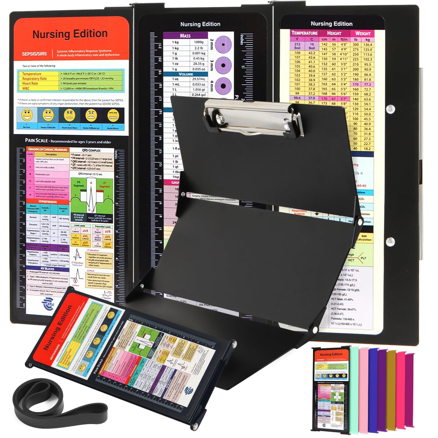 Nursing Clipboard Foldable with Medical Edition Cheat Sheets, 3 Layers Aluminum Foldable Clipboard for Nursing, Notepad for Students, Nursing School Essentials (Black)