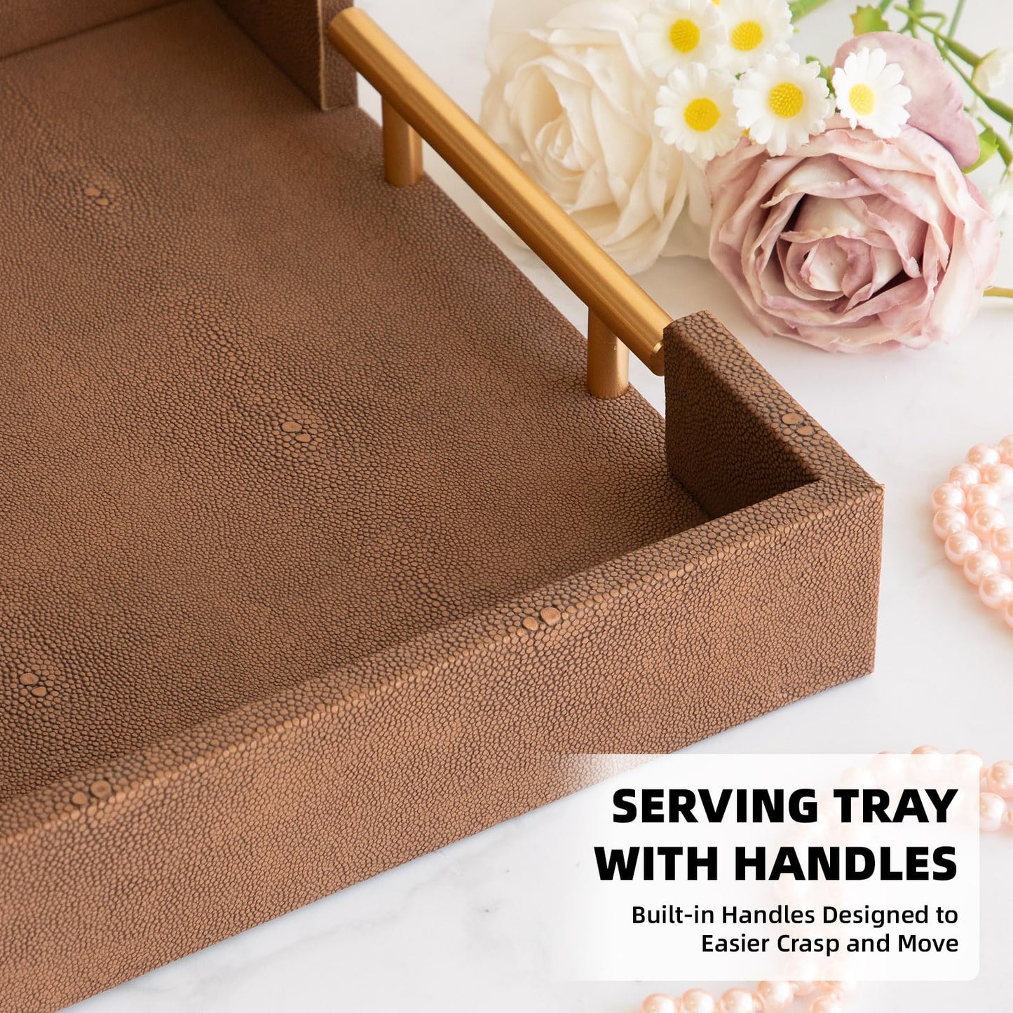 UPPER DECOR Set of 2 Decorative Tray Brown Shagreen Leather Tray, Modern Rectangle Serving Trays with Gold Polished Metal Handles, Ottoman Coffee Table Perfume Kitchen Trays Home Decor