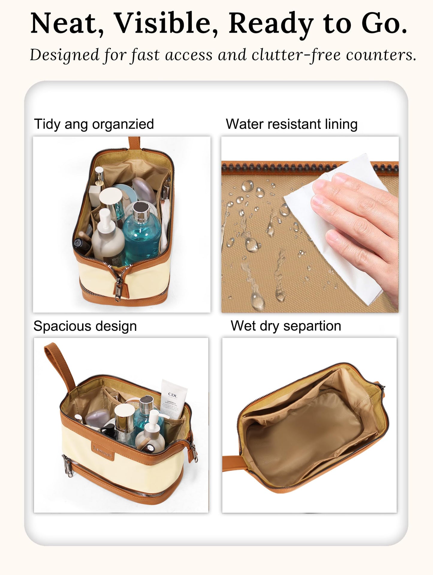 Lemuvlt Double-Layer Toiletry Bag, Water-Resistant Hybrid Leather Cosmetic Organizer with Wet/Dry Compartments, 26x15x16cm (Cream, Double layer)