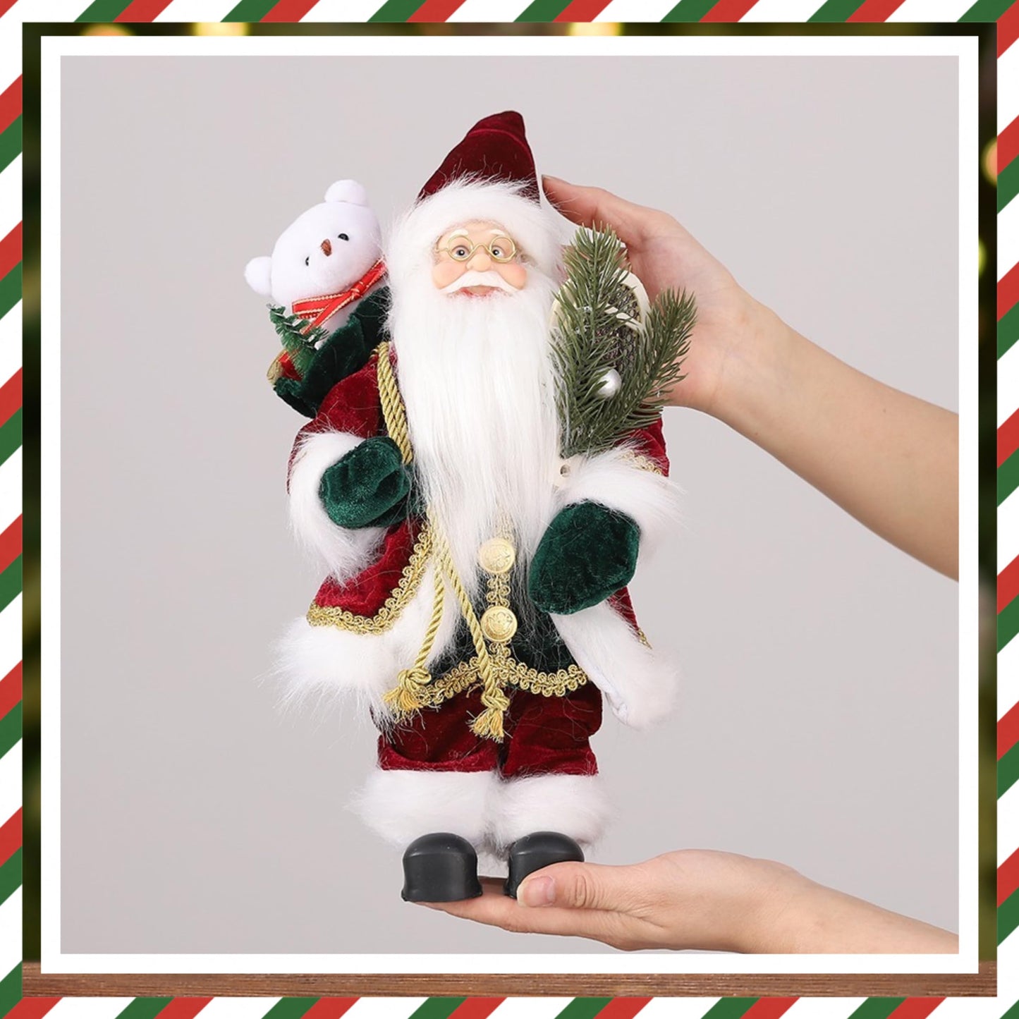 Enanal Santa Claus Figurine, 13inch Standing Christmas Santa Claus with Bear Sack and Pine for Christmas Indoor Home Decoration Xmas Gift Party Table Shelf Ornament