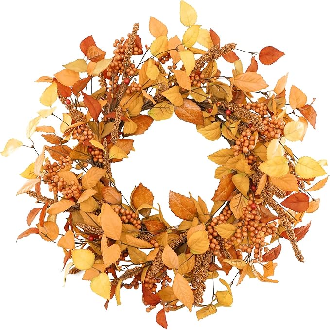 YNYLCHMX 18" Fall Wreaths for Front Door, Artificial Autumn Wreath, Fall Door Wreath with Eucalyptus Leaves and Sorghum for Home Porch Window Wall Farmhouse Decor, Indoor Outdoor, Holiday Decor
